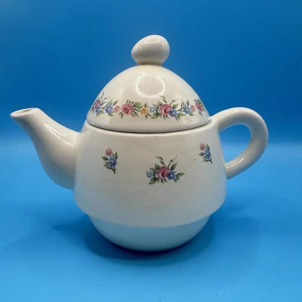 Vintage Floral Ceramic Teapot Pink Blue Roses Cottagecore Lidded Tea Pot AS IS